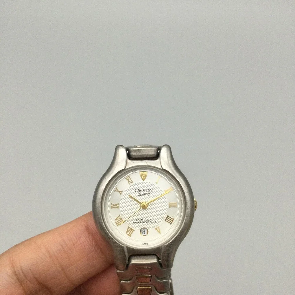 Croton Womens Watch 27mm 23k Gold Plated Two Tone Steel Date New Battery 7.25